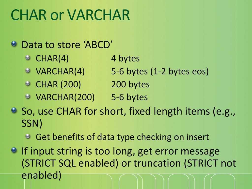 В чем разница между varchar и char? – 16 ответов