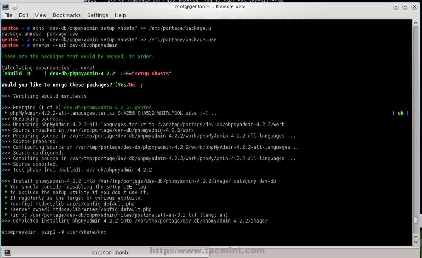 Into var. Pkg install Bash. Install package to Gentoo. MARIADB MYSQL.