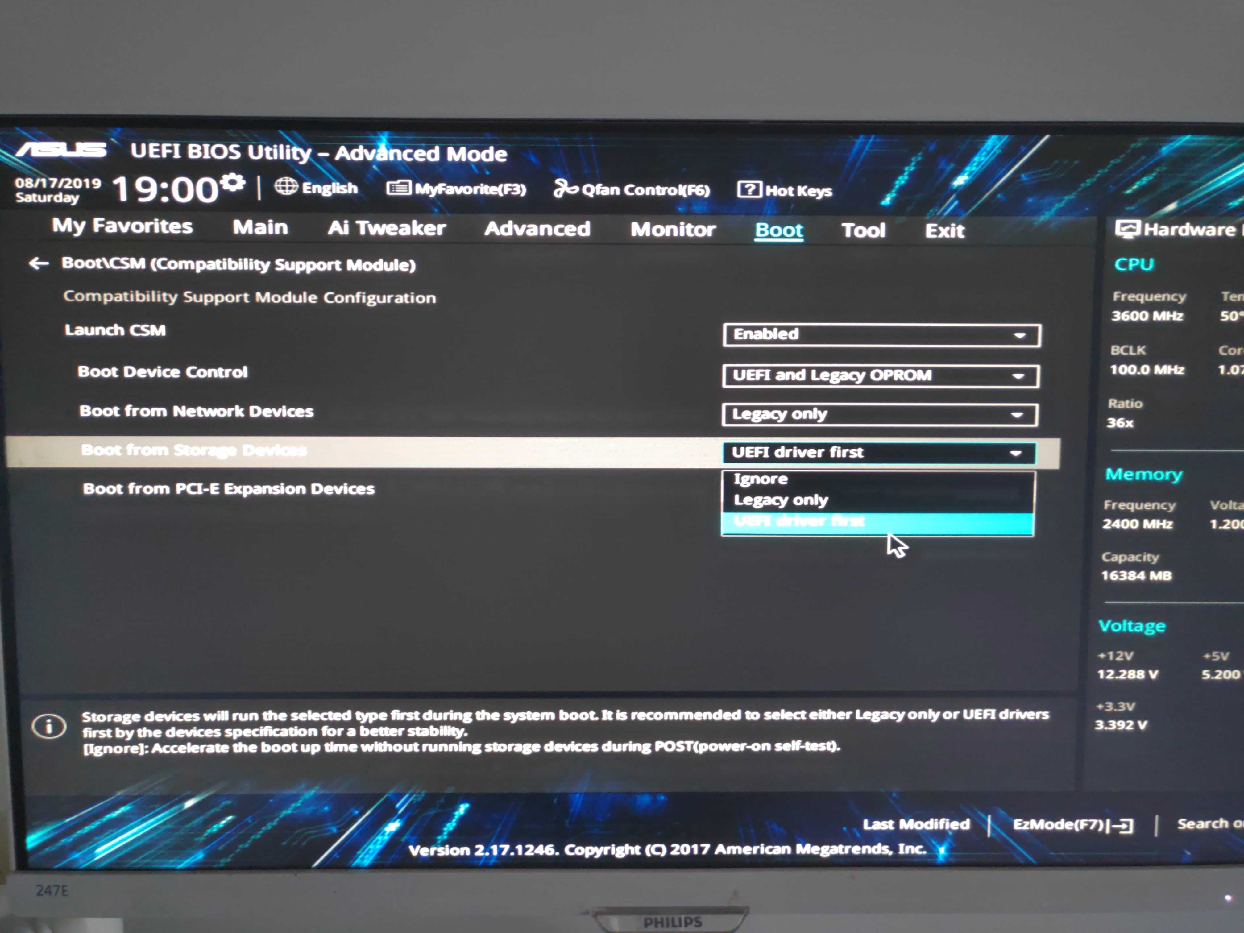 Disable legacy boot mode and enable uefi